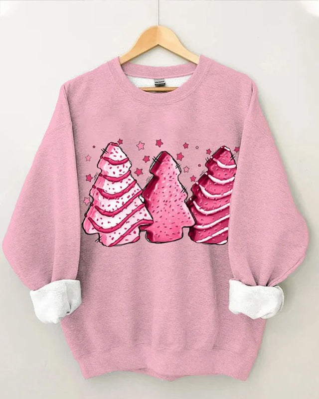 Women's Pink Christmas Gingerbread Christmas Tree Print Sweatshirt