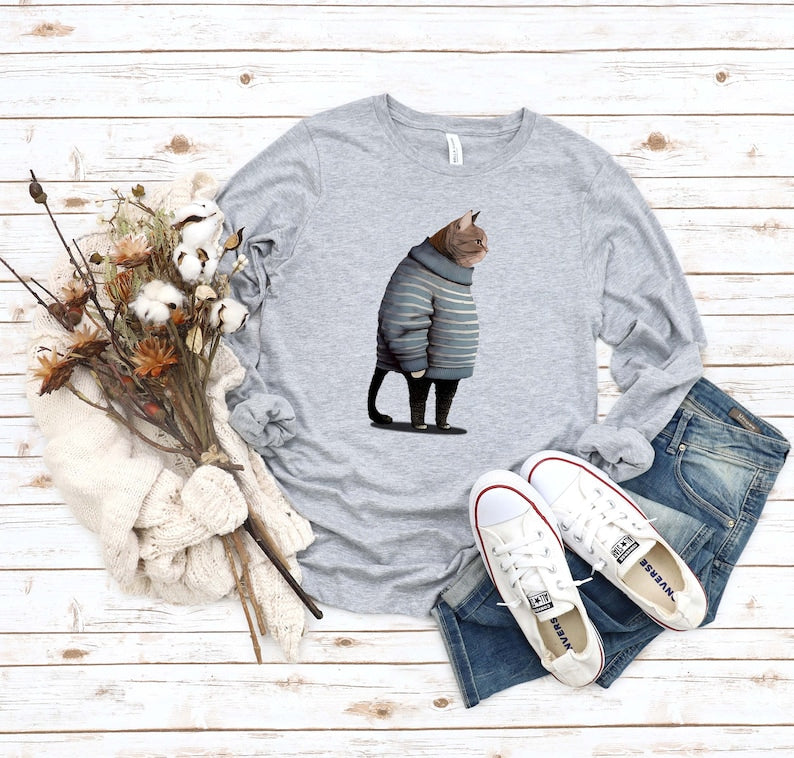 Fat Gray Cat in Crewneck Sweatshirt